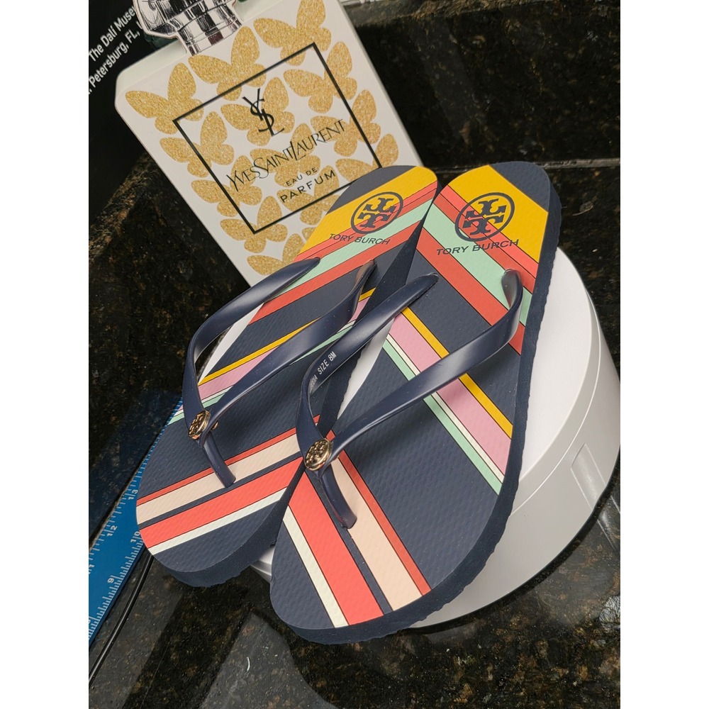 Tory Burch Flip Flops 8M Navy Multi Stripe Logo Thong Sandals Summer Beachwear